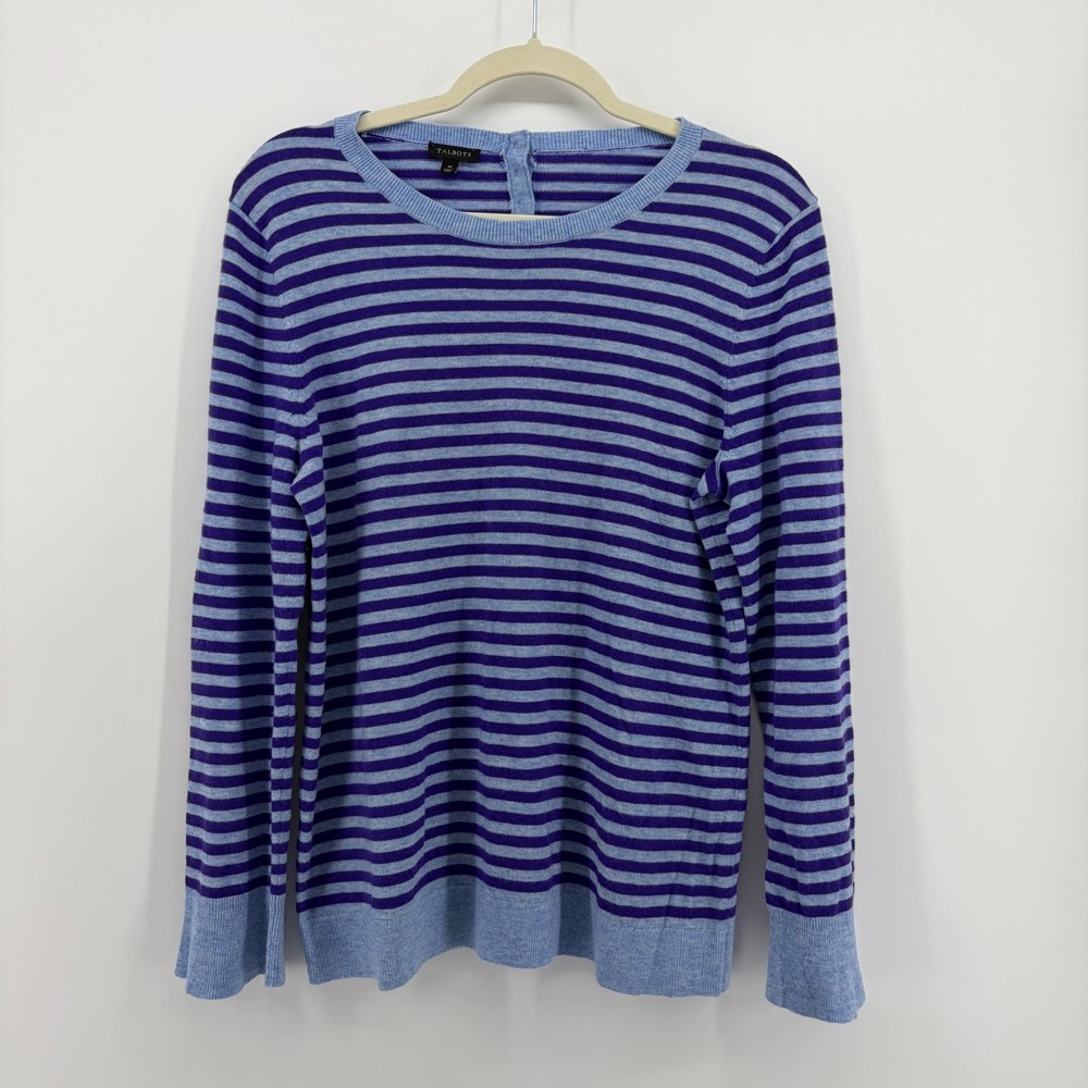 Talbots Womens M Blue Purple Striped Lambswool Blend Button Back Sweater